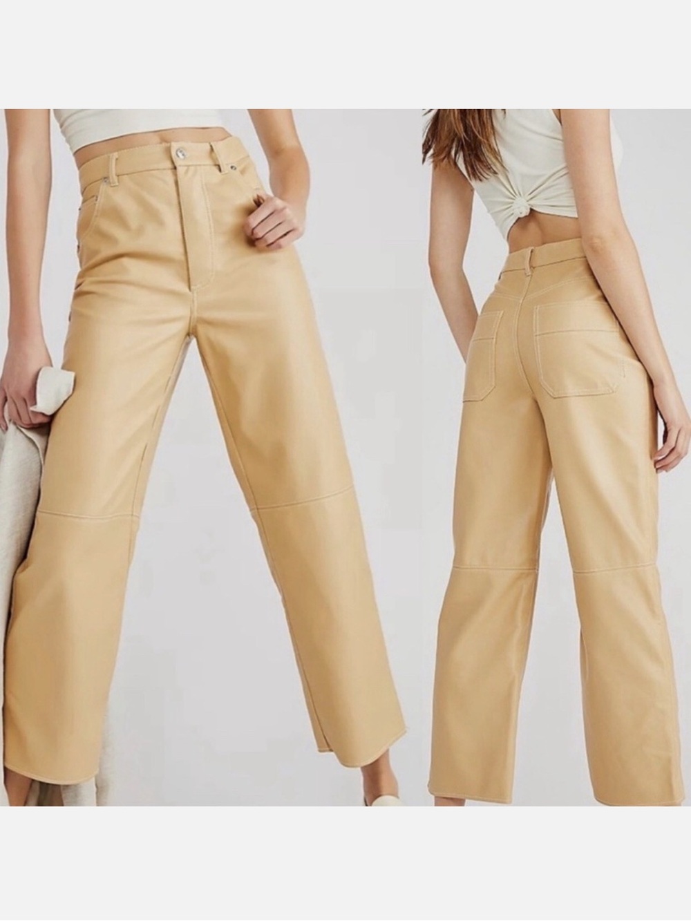 Free People We the Free It Factor Vegan Leather Tan Pants Straight‎ Leg Size 4